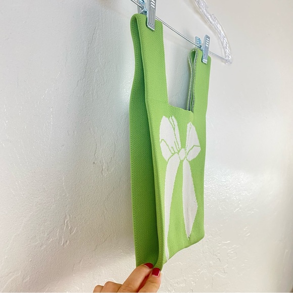 Free People Green & Cream Pistachio Bow Cotton Ribbed Knit Mini Tote Bag - Picture 2 of 6